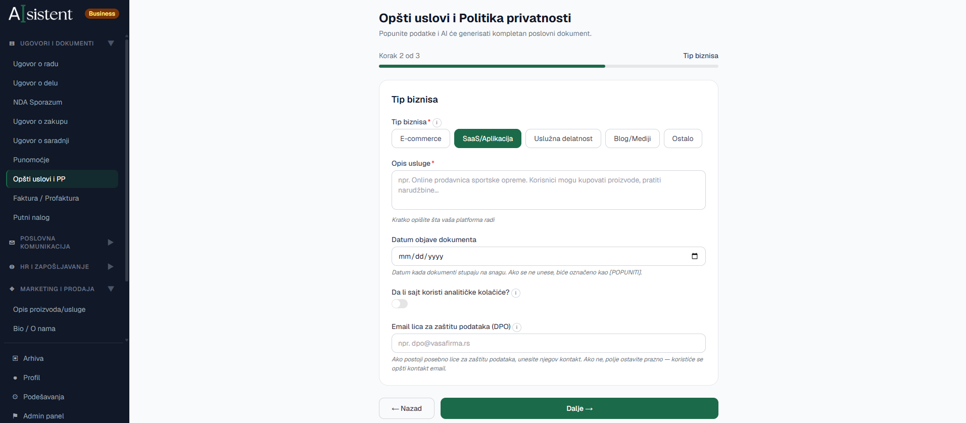 Wizard za unos podataka